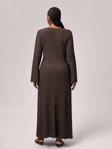 SHEIN Tall CURVE 大码女式休闲纯色优雅喇叭袖连衣裙，秋季 - 咖啡棕 - 查看 2