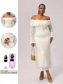SHEIN Tall CURVE Damen Große Größen Off-Shoulder Langarm Bodycon Kleid mit Vorderbindung, Silvester Kleid für Frauen - Beige - Übersicht 1