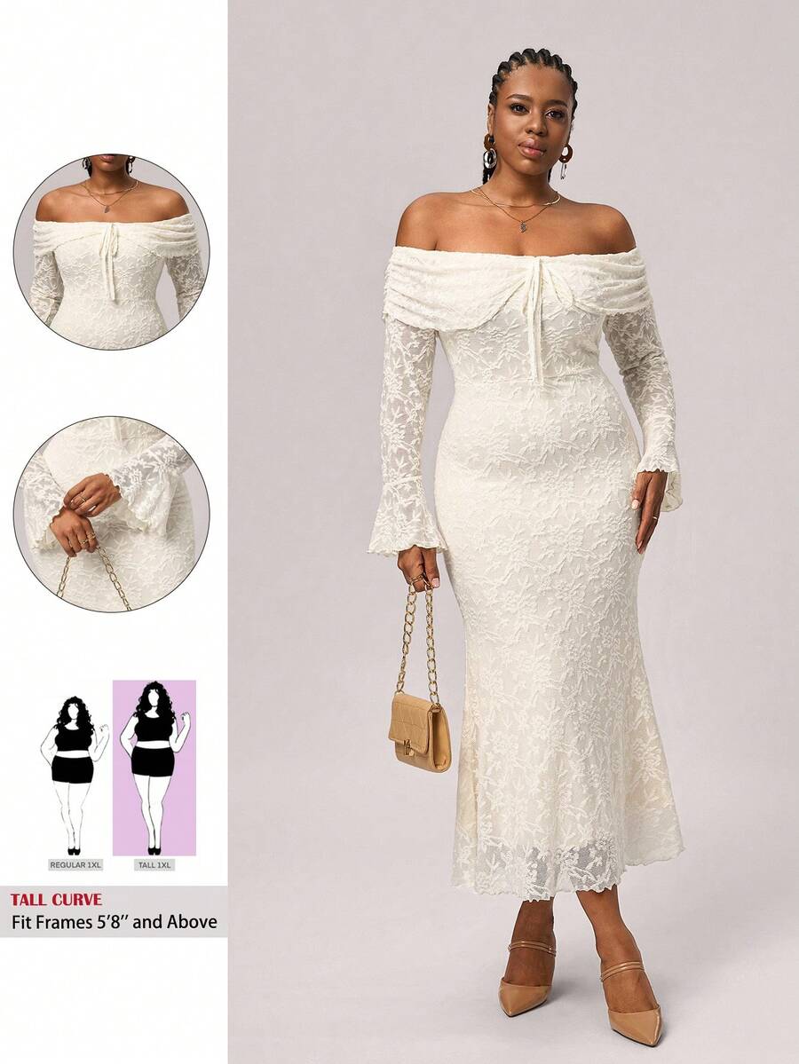 SHEIN Tall CURVE Damen Große Größen Off-Shoulder Langarm Bodycon Kleid mit Vorderbindung, Silvester Kleid für Frauen - Beige - Übersicht 1