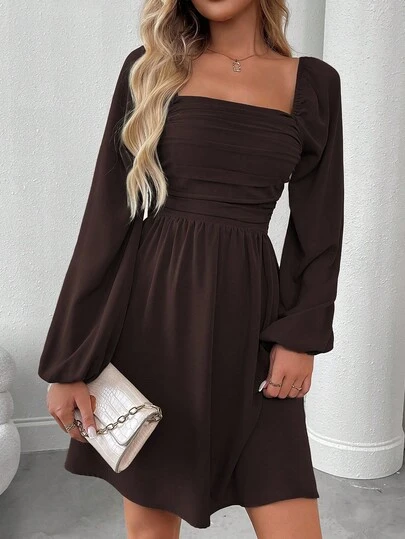 EMERY ROSE Women's Solid Color Square Neck Lantern Sleeve Ruched Fashionable Mini Dress