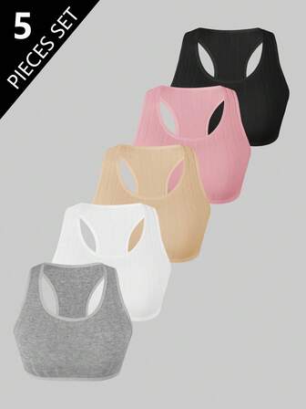 5pcs/Pack Assorted Colors Basic Ribbed Racerback Cotton Tank Tops For Tween Girls Casual Sports Style Cotton Sports Bra Sports Bra Multipack Fall Winter