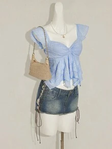 SHEIN ICON 女士褶皱前片修身性感镂空提花浪漫法式荷叶袖露背休闲度假短款吊带背心 - 藍色 - 查看 5