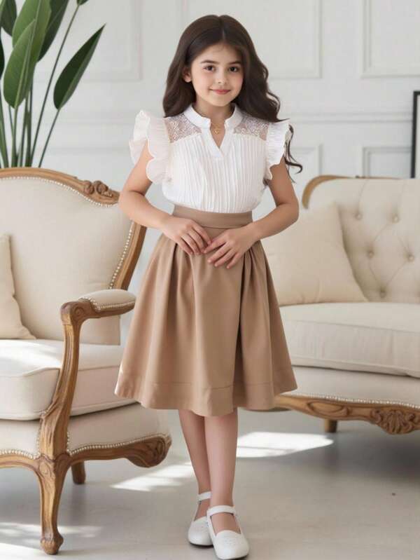 Tween Girl Contrast Lace Ruffle Trim Notched Neckline Blouse