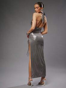 Hauture Vestido longo sexy para festa de verão, com revestimento metálico, elástico, cruzado, franzido, fenda - Castanho - Ver 5