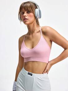 Áo ngực thể thao hở lưng không dây LOUNGEISTA 1 mảnh dệt kim liền mạch gợi cảm dành cho nữ, áo ngực thể thao hở lưng không dây, tập luyện - Bụi hồng - Xem 9