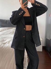 Livesso 女式翻领西装外套和宽松牛仔裤套装（秋冬） - 藍色 - 查看 3