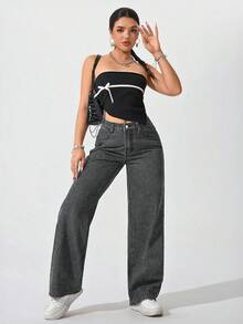 SHEIN PETITE 女士高腰口袋阔腿宽松休闲百搭牛仔裤 - 深灰色 - 查看 5