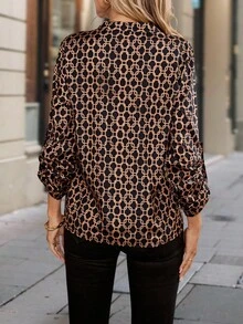 SHEIN Unity Women's Geometric Print Cuffed Sleeve Casual Shirt, Commuter Style Fall Cloth For Women - Brown - View 3