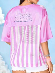 SHEIN X Care Bears Damtopp med tecknad björntryck och v-ringning, kortärmad - Rosa - Visa 2