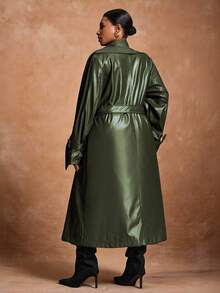 Slaydiva Autumn/Winter New Arrivals, Suitable For Easter, Western, Beach, Bohemian, Boho, Festival, Vintage, Country Music, Outdoor, Fairy, Holiday, Airport, Western, Tropical Vacation Styles, Spring/Summer Green Trench Coat Plus Size Trench Coat Faux Leather Trench Coat Women Trench Coat Long Green Coat Fall - Green - View 8