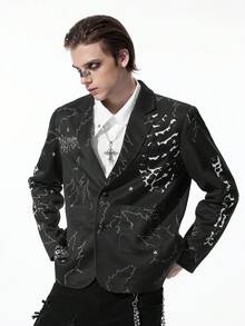 ROMWE MEN Goth 男士秋季斑驳花纹翻领长袖休闲西装外套 - 黑色 - 查看 7