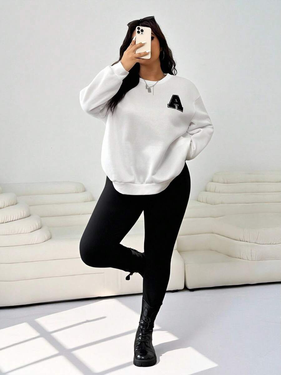 SHEIN EZwear Conjunto de 2 Peças Top Casual Solta de Manga Longa e Calça Skinny Plus Size - Preto e Branco - Visão 1