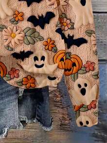 SHEIN LUNE 休闲简约印花图案圆领宽松女式卫衣，适合万圣节、鬼魂印花、南瓜印花、蝙蝠印花秋冬 - 彩色 - 查看 4