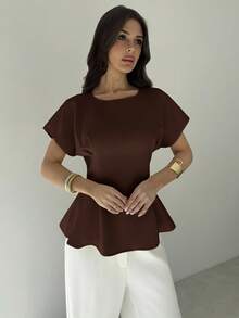 Firerie 女士新款优雅通勤度假复古风毕业季日常百搭杏黄色竹纹面料圆领短袖腰部褶裥X型修身衬衫，适合度假、海滩穿着 - 咖啡棕 - 查看 6