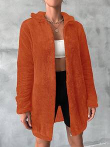 RueChic Solid Zip Up Teddy Jacket - Orange - View 5