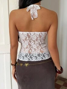 Sunnyshic Áo hai dây ren trắng viền bèo nhún cổ khoét sâu gợi cảm thanh lịch - trắng - Xem 2