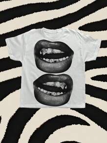 Muchica 休闲街头风格口纹白色短款圆领短袖T恤，适合女士，夏季