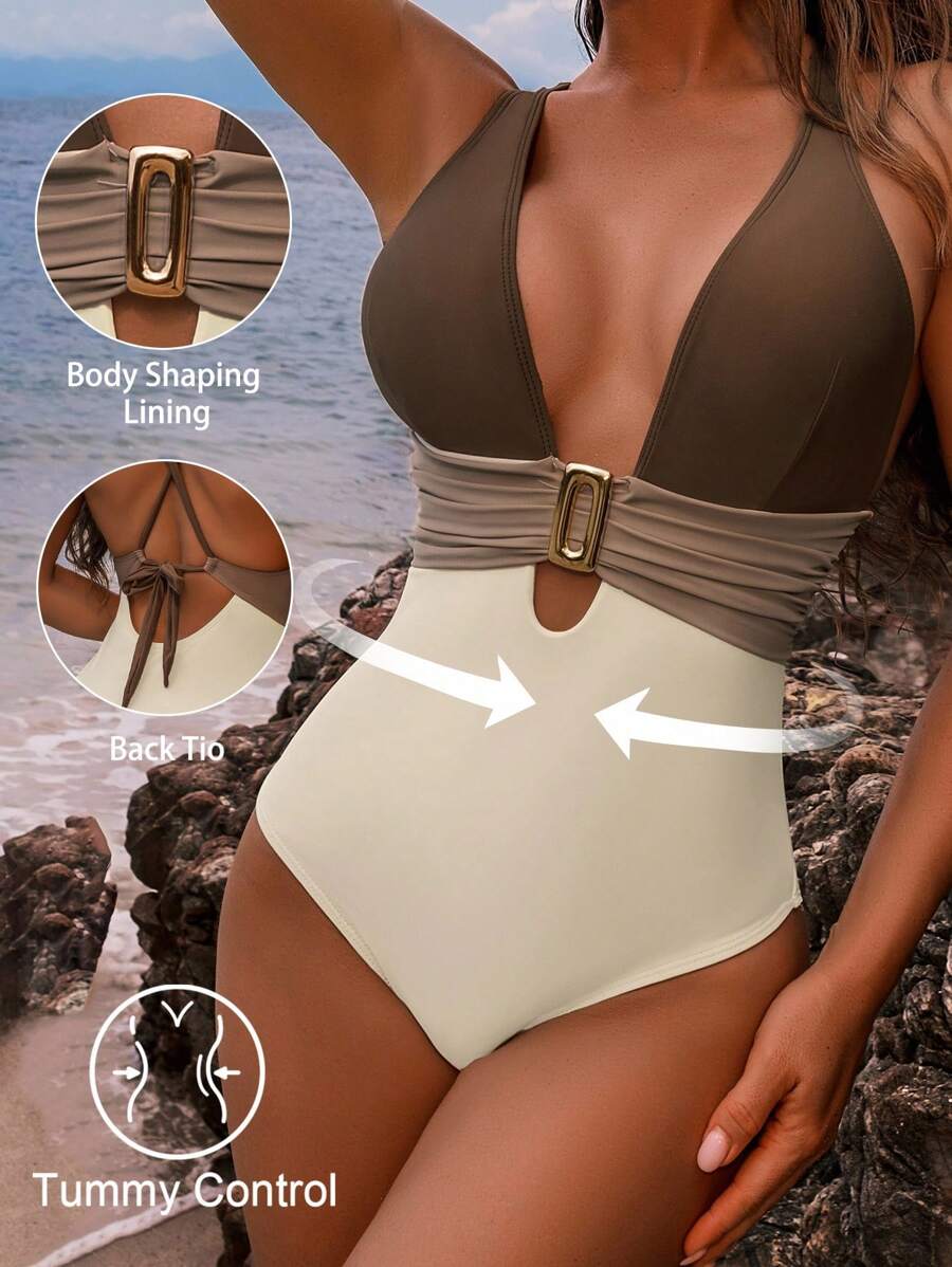 Shapewave Đồ bơi một mảnh cắt cao có họa tiết kim loại, màu tương phản, có thể điều chỉnh, kiểm soát bụng, dáng chữ thập phía sau, dành cho kỳ nghỉ hè trên bãi biển dành cho nữ - Nhiều màu - Xem 1