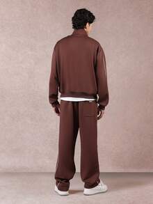 SUMWON Premium Coordinated Tracksuit Set With Contrast Piping Two Piece Loungewear With Full Zip Jacket And Drawstring Pants Fall Winter Collection - Brown - View 2