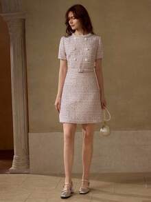 MOTF PREMIUM TWEED FAUX PEARL TRIM DRESS - Pink - View 7