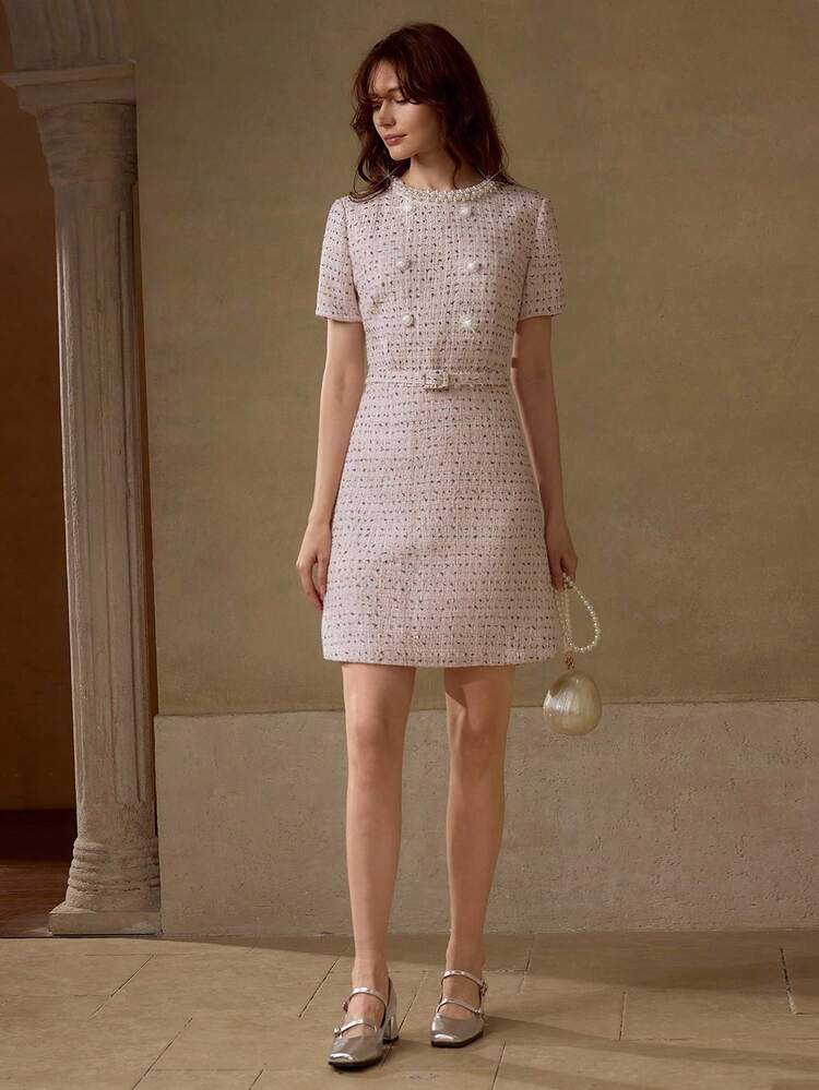 TWEED FAUX PEARL TRIM DRESS