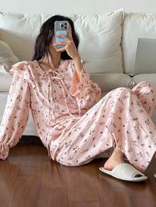 DAZY Ditsy Floral Ruffle Hem Women Pajama Set, Fall Clothes - Pink - View 6