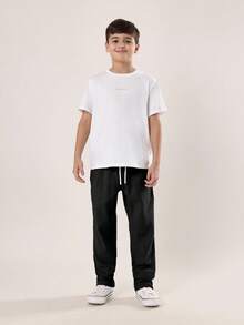 SUMWON 男童褶皱棉质抽绳裤休闲直筒宽松长款日常下装宽松舒适校服四季基本款 - 黑色 - 查看 5