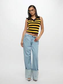 SUMWON WOMEN 无袖橄榄球风格条纹背心针织领夏季学院风经典时尚休闲装学院风 Y2K 复古 Polo 衫背心 - 黑色 - 查看 6