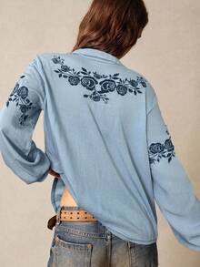 Bohemela Áo sơ mi nữ tay dài cổ bẻ thêu denim màu trơn đơn giản thoải mái - Màu xanh nhạt - Xem 6