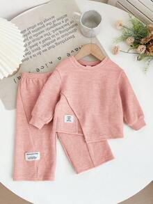 SHEIN LMoss Kids 2 st babyflicka casual stickad rosa långärmad topp och resårmidja byxor set, höst/vinter - Rosa - Visa 1