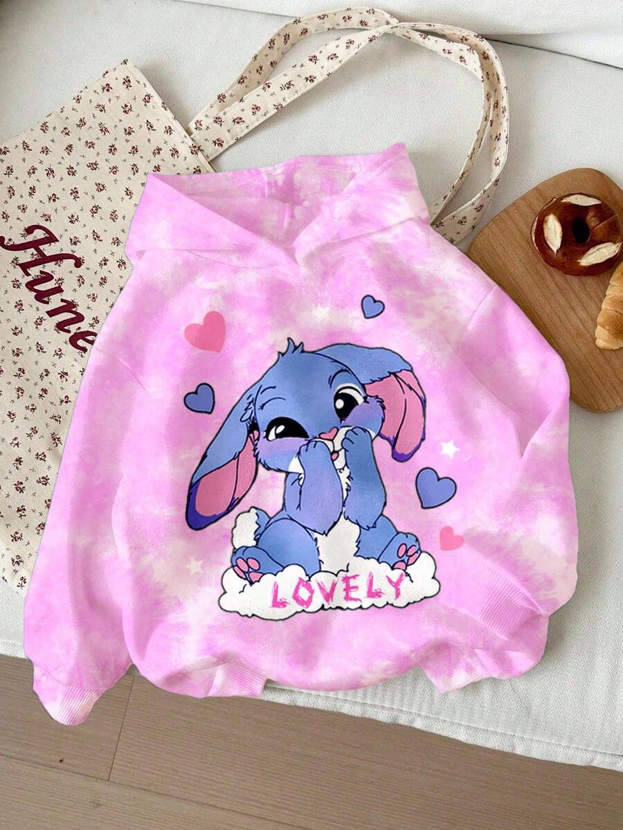 SHEIN 少女可爱卡通蓝色兔子图案,清新粉色扎染,休闲简约卡通图案宽松圆领长袖卫衣,适合秋冬季节穿着,舒适百搭,秋季叠穿,时尚休闲,图案印花,返校季/返校节可爱针织卫衣动漫卫衣卡哇伊 - 彩色 - 查看 1