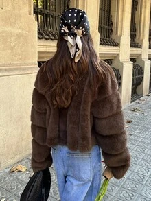 Aloruh Short Faux Fur Collar Coat, Autumn/Winter New Arrival,Brown Coat,Chic,Elegant,Going Out,New Year, Fall,Coffee Color Faux Fur Coats,Business Commuting,Casual,Old Money Style - Brown - View 3