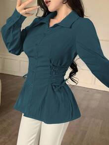 Modelyn 纯色系带优雅抽绳领带时尚衬衫蓝绿色衬衫紧身胸衣衬衫蓝绿色衬衫蓝绿色上衣女士衬衫 - 水鴨藍 - 查看 5