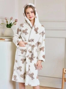 女孩卡通熊印花毛绒睡袍，适合秋冬季家居服 - 米色 - 查看 5