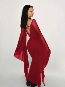 SHEIN ICON Fitted Mesh Exaggerated Batwing Sleeve Bodycon Dress Long Red Dress - Burgundy - View 2