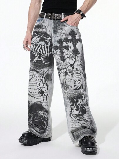Goth Men's Dark Gothic Cross Casual Wide Leg Button Pocket Jeans Halloween