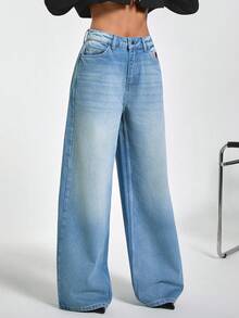 EURMUSE Hıgh Waist Embroidery Detailed Wideleg Jean - Light Wash - View 5