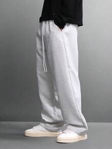 SUMWON Premium Wide Leg Skater Fit Textured Melange Pants Drawstring Relaxed Trousers High Waist Versatile Bottoms Fall Winter Casual Comfort - White - View 1