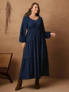 Rosumi Gaun Lengan Panjang Berenda dengan Hiasan Rumbai Warna Polos Ukuran Besar, Pakaian Musim Dingin untuk Wanita, Pakaian Musim Gugur untuk Wanita, Gaun Panjang Kasual - Navy Blue - View 4