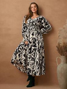 Rosumi 大码花卉印花褶皱休闲长袖连衣裙 - 彩色 - 查看 4