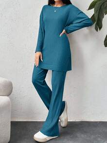 EURMUSE Camiseta de algodón con hombros caídos y pantalones con bajo dividido - Agua verde azul - Ver 3