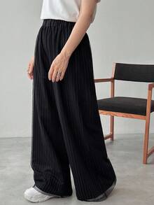 FRIFUL 女士松紧腰条纹阔腿宽松休闲裤 - 灰色 - 查看 6