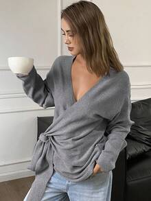 女士纯色宽松斜领系带休闲优雅开衫，秋冬 - 灰色 - 查看 5