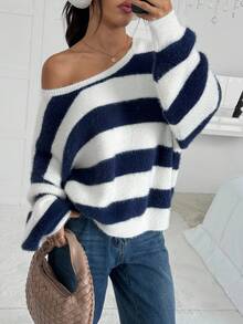 SHEIN EZwear Women's Casual Striped Asymmetric Neck Long Sleeve Loose Knit Sweater, Autumn - Multicolor - View 1