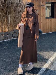 DAZY 女士休闲纯色针织毛衣和裙子两件套，秋冬