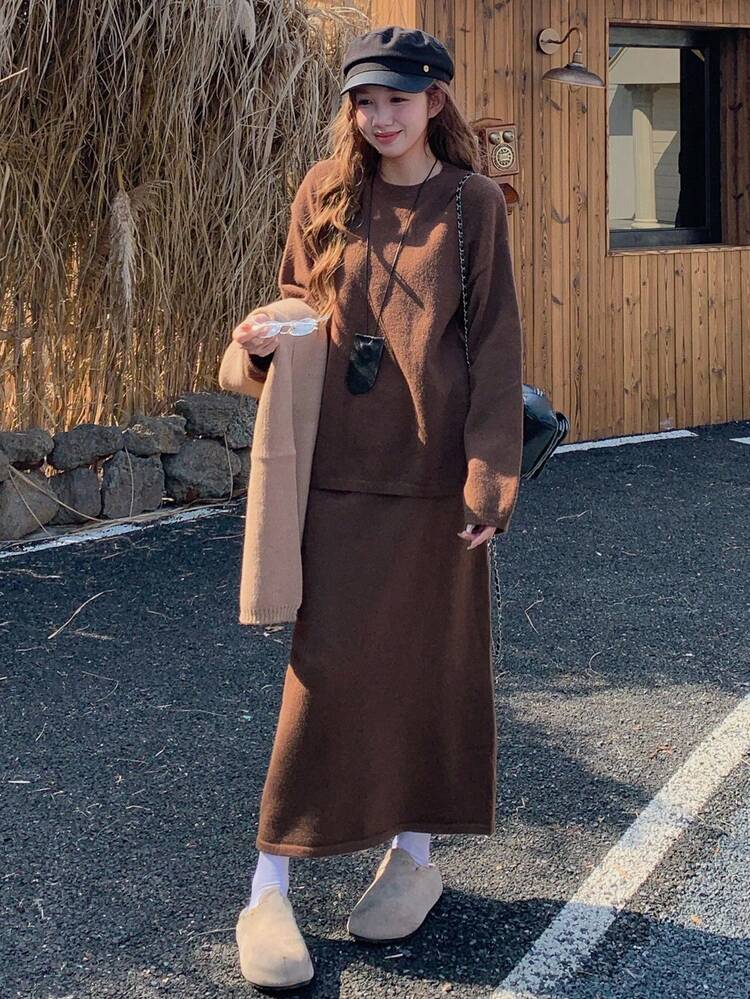 DAZY ชุดเซ็ตเสื้อสเวตเตอร์ถักสีพื้นลำลองสำหรับผู้หญิงและกระโปรง 2 ชิ้น, ฤดูใบไม้ร่วง/ฤดูหนาว - สีน้ำตาล - ดู 6