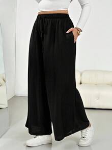 SHEIN Essnce Plus Size Women's Spring And Autumn Fashion Casual Wide, Loose And Comfortable Thin Elastic Waist Black Wide-Leg Pants Skirt Pants,Women Bottom,Baggy Pants,Going Out Outfits,Simple Style,Fall Clothes For Women