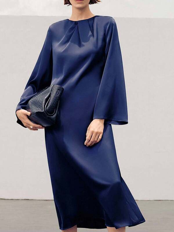 Uhlyne Vestido ajustado de manga larga y campana, de cuello redondo, elegante y minimalista para uso diario, de fiesta o commute