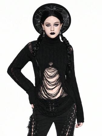 Damen Gothic Zerrissener Rollkragenpullover, Halloween