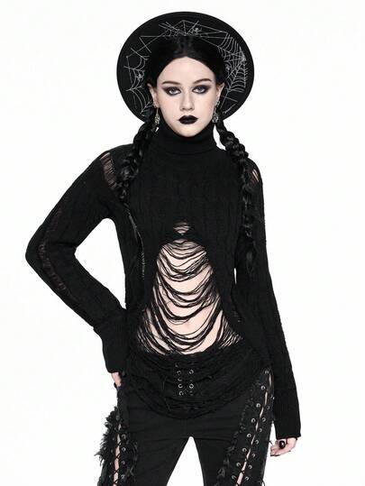 Goth Suéter gótico con cuello alto y rasgado para mujer, Halloween